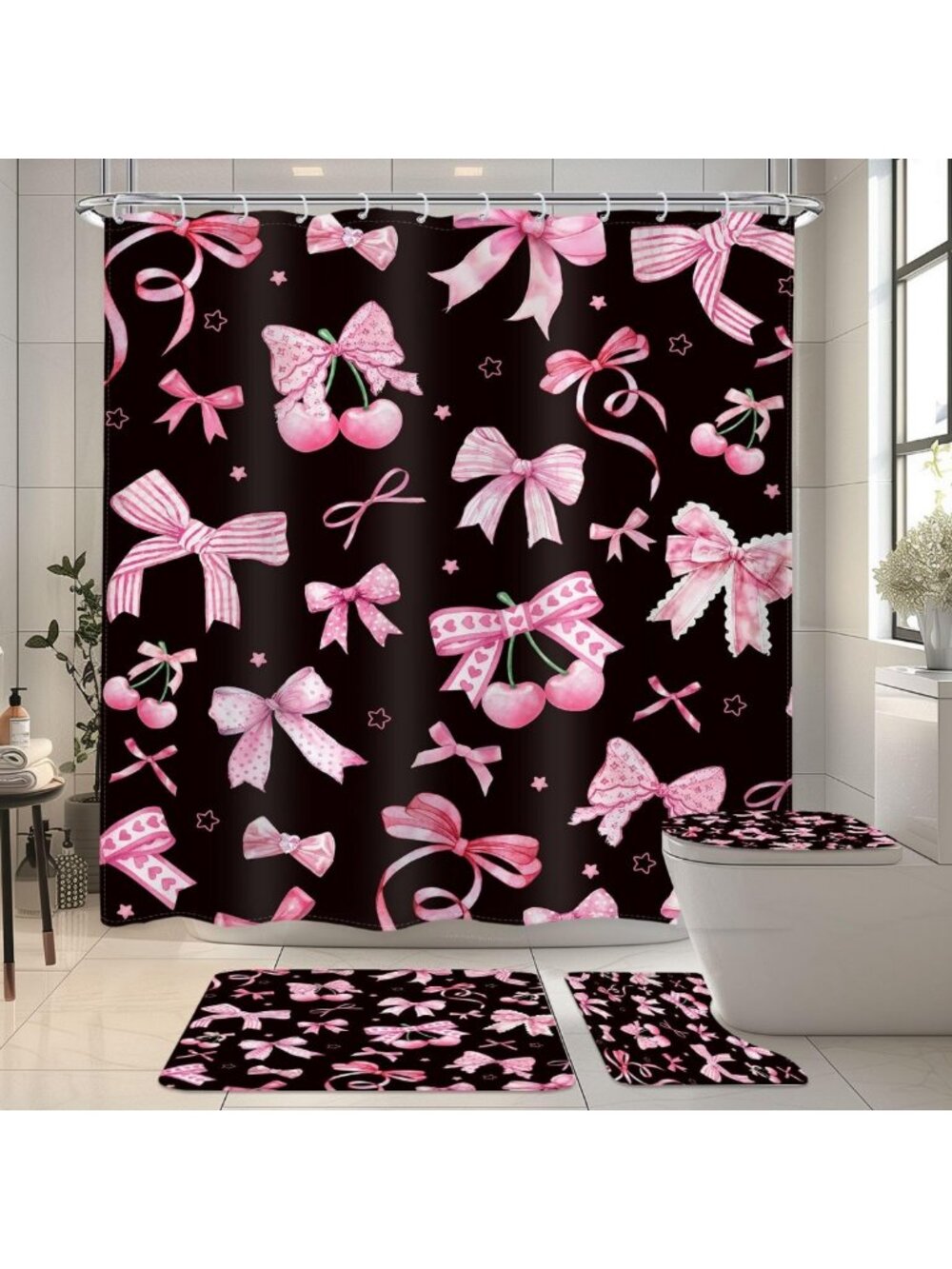 Cherry Bow Shower Curtain Set - 4 PCS Pink & Black Bathroom Decor, Rugs